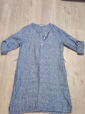 : Garnet Hill Blue 100% Linen Henley Shift Dress 12
